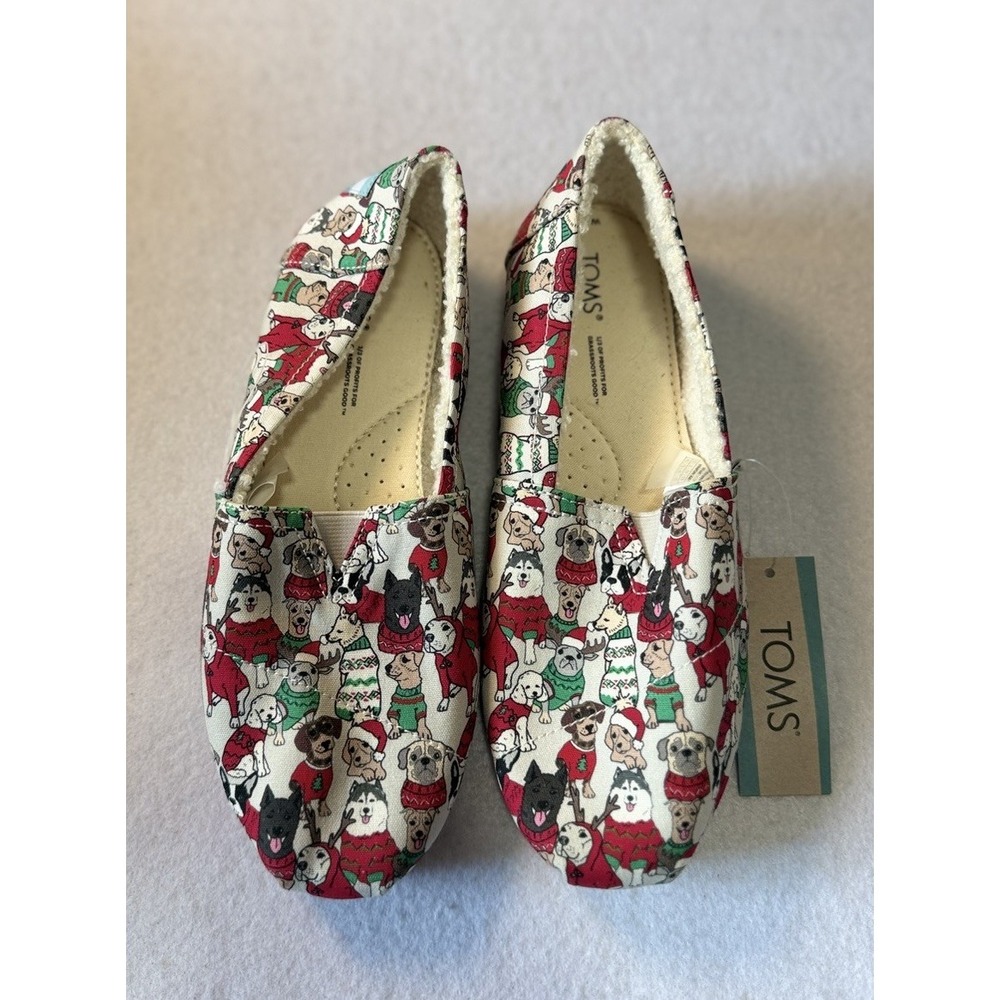 TOMS Women's Shoes Holiday Dog Print Fuzzy Lined Flats W 6.5 Holiday Sweater